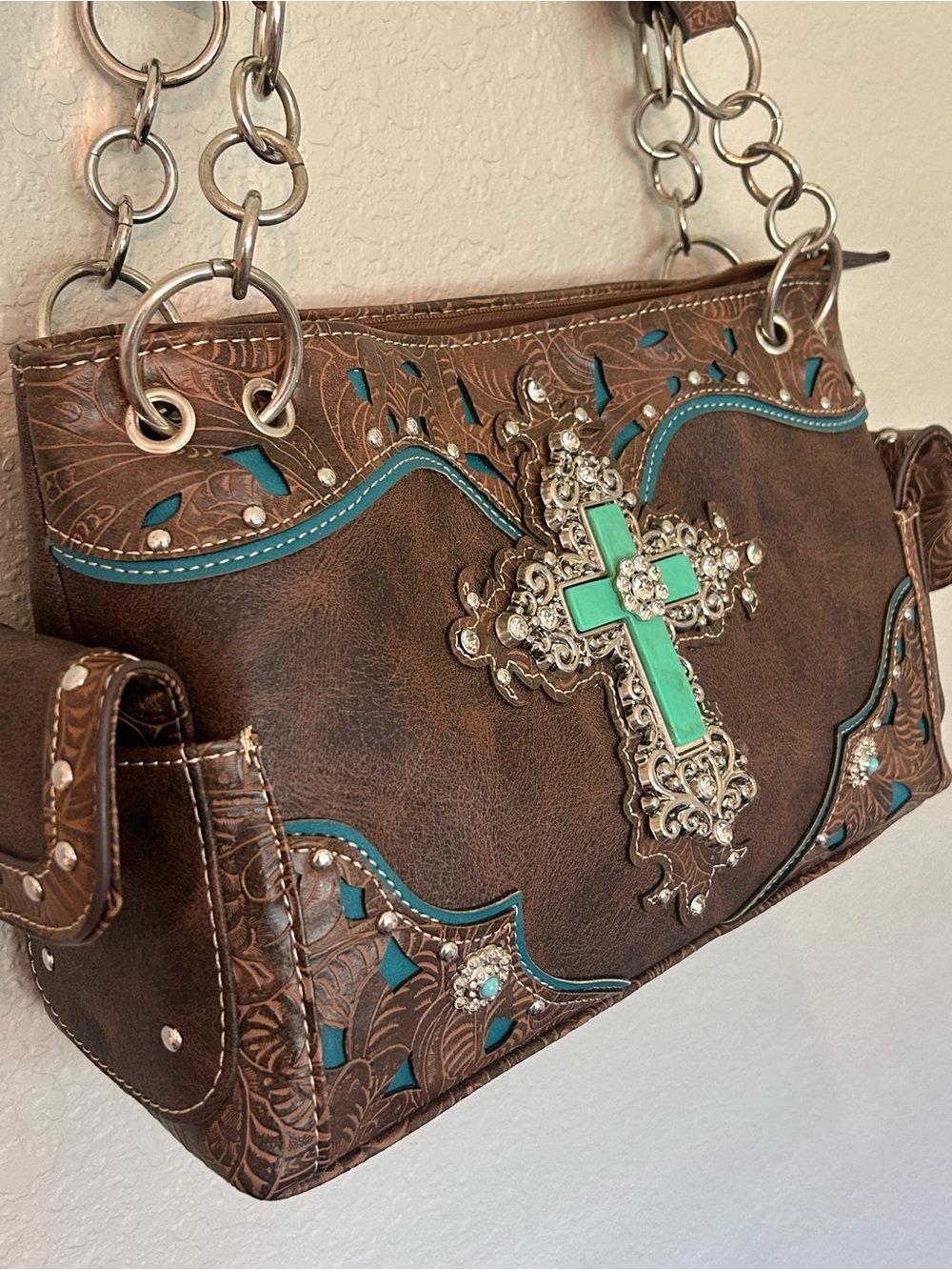 Brown and Turquoise Western Cross Satchel - Women Bags Conceal Carry - Picture 4 of 8
